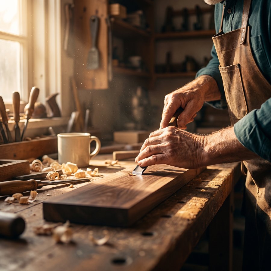 Mains d'un artisan menuisier façonnant le bois dans son atelier